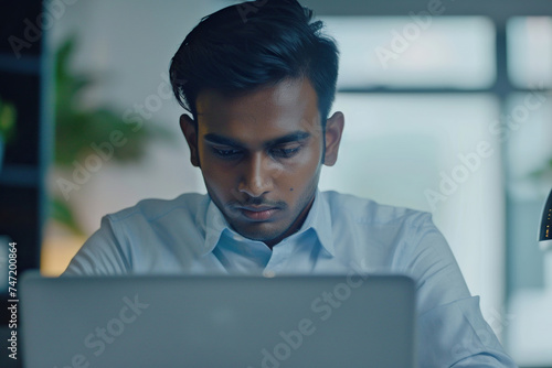 Focused Indian business man typing at laptop in office closeup. Guy surfing internet
