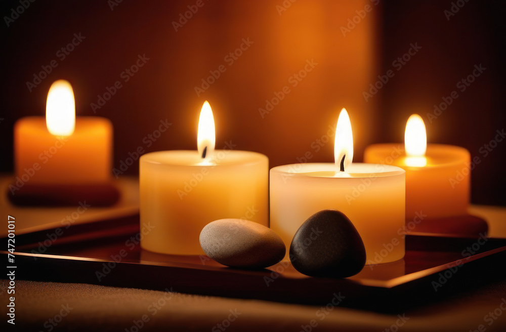 Aromatic candles with stones for spa massage on a wooden board. Aromatic candles with stones for spa massage on a wooden board.