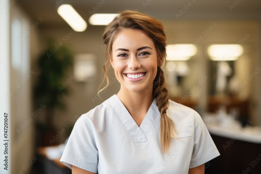 Portrait of a smiling young female cosmetologist standing in a beauty salon. Or a young doctor in practice Portrait of a smiling young female cosmetologist standing in a beauty salon. Or a young doctor in practice