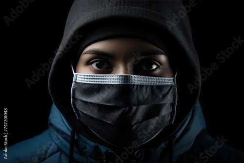Portrait of a young woman wearing a face mask on black background