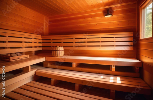 Interior of classic wooden Finnish sauna.