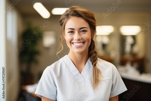 Portrait of a smiling young female cosmetologist standing in a beauty salon. Or a young doctor in practice