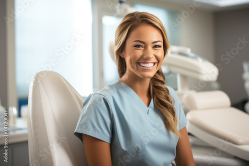 Free Download Portrait of a smiling young female cosmetologist standing in a beauty salon. Or a young doctor in practice - GFXLoad