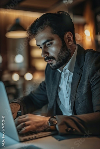 Focused Latin American business man typing at laptop in office closeup. Guy surfing internet