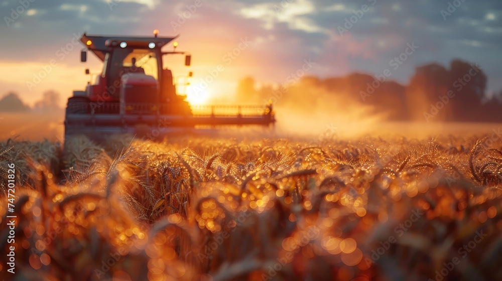 Early morning harvest in full swing with a combine harvester collecting ripe wheat in a field, illuminated by the dawn sunlight. - obrazy, fototapety, plakaty 