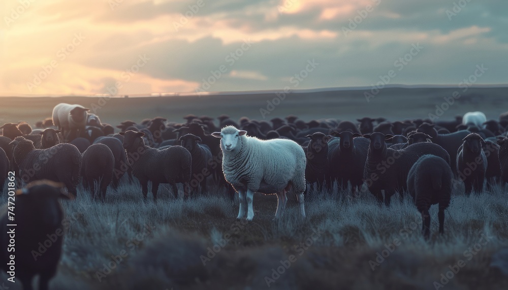 One white sheep in a flock of black sheep in a pasture generated AI