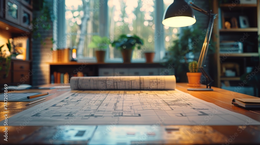 An architect's workspace bathed in warm light, featuring detailed blueprints spread out on a wooden desk, ready for creative development. An architect's workspace bathed in warm light, featuring detailed blueprints spread out on a wooden desk, ready for creative development.