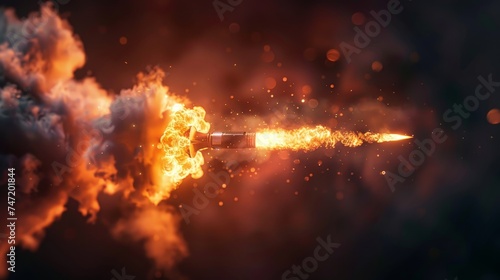 High-speed photography captures a bullet with a blazing trail of fire and sparks, symbolizing speed, power, and precision. photo