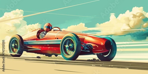 red vintage racing car with driver illustration 