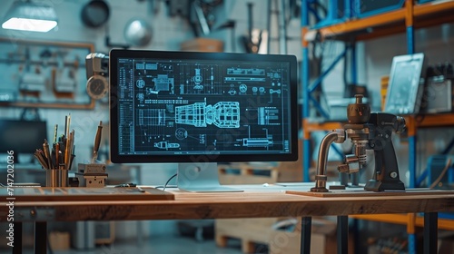 An engineer's workstation with a complex mechanical CAD design displayed on a monitor in an organized workshop environment.