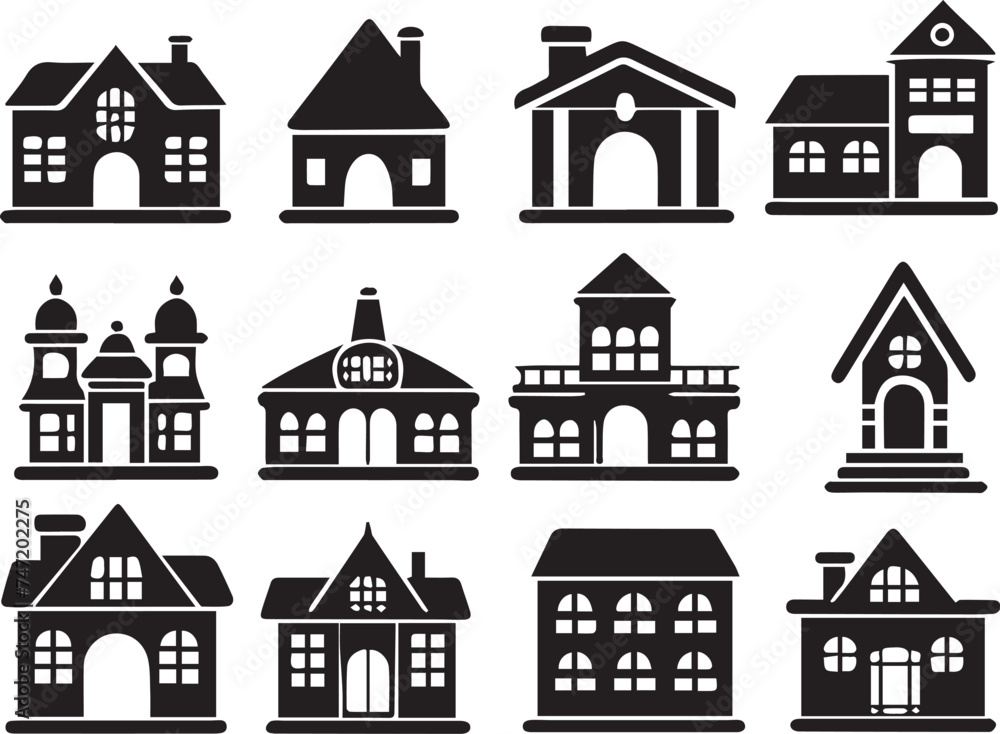 Set of buildings, house icons, collection home sign. Hand drawn vector illustration