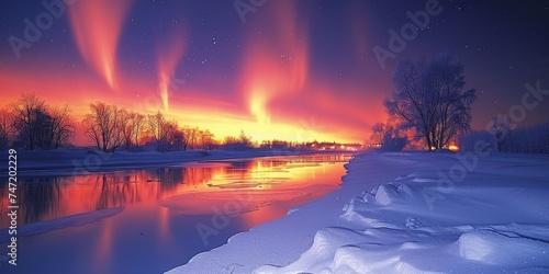 Aurora Borealis Shining Over River photo