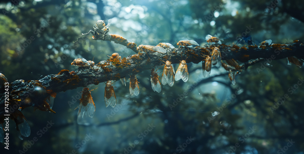 A group of abandoned cicada exoskeletons cling to a tree branch, a reminder of the massive emergence of these periodical insects photography - obrazy, fototapety, plakaty 