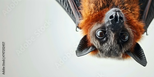 A large bat perched upside down showcasing its striking presence. Concept Wildlife Photography, Animal Behavior, Bat Conservation, Nature Portrait, Night creatures