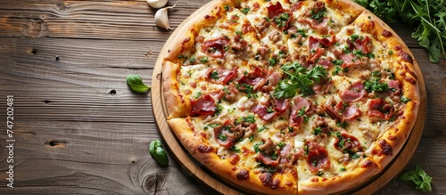 An appetizing pizza topped with pizza cheese is placed on a wooden cutting board, resting on a rustic table. It is a popular fast food dish.