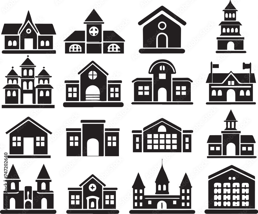 Set of buildings, house icons, collection home sign. Hand drawn vector illustration