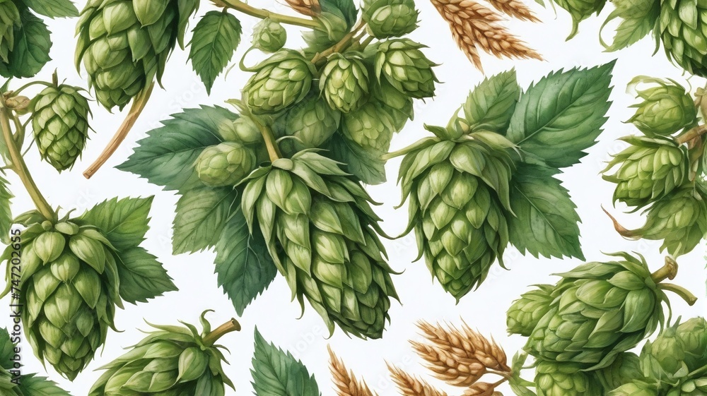 Watercolor Hops Cones And Fresh Hops With Wheat Visuals - obrazy, fototapety, plakaty 