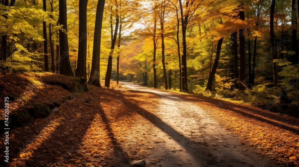Obraz premium Autumn road in the forest with yellow leaves and trees in the background
