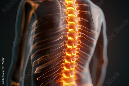 An illuminating visualization highlights spinal discomfort on the back of a transparent human figure