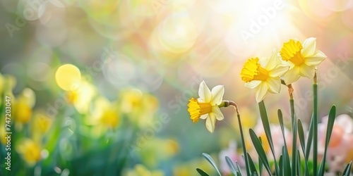beautiful daffodil flowers with sun spikes and blurred background, copy space