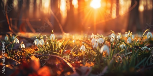 beautiful snowdrop flowers in morning light, spring copy space