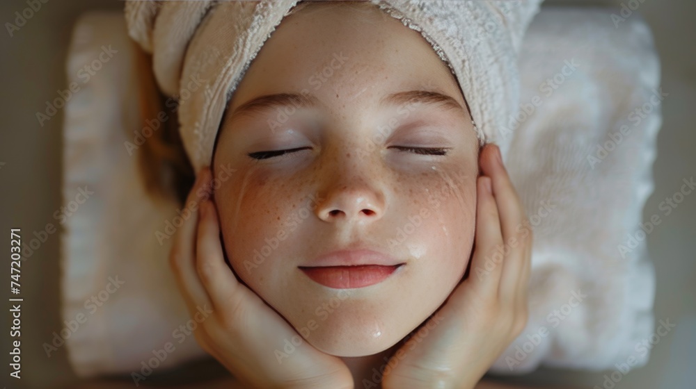 Beautiful child with a towel on her head applying facial mask Beautiful child with a towel on her head applying facial mask