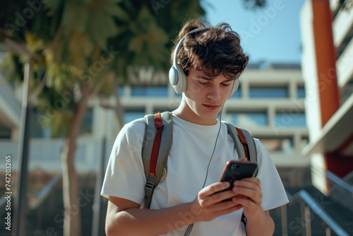 Young male teenager student wearing headphones and backpack using smartphone at university