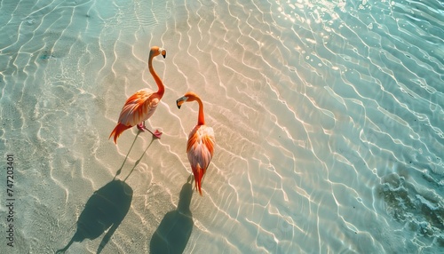 Pink flamingo on the beach on the island of Aruba top view generated AI