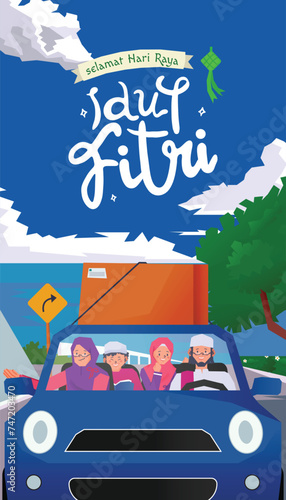 Mudik Illustration, Indonesian term culture migrants return to their hometown on Eid Al Fitr day