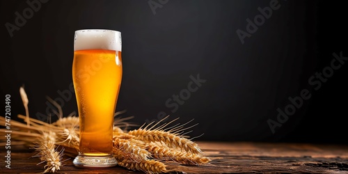 Golden Wheat Beer with Natural Ears on Wood photo