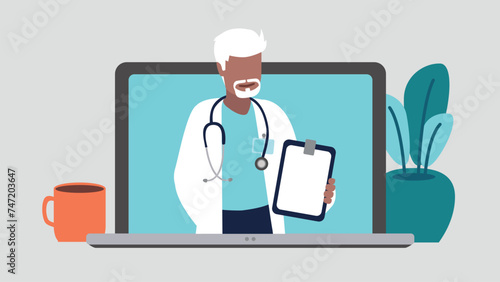Vektor-Illustration eines männlichen Arztes mit einem Stethoskop der eine medizinische Aufzeichnung hält auf einem Laptop-Bildschirm - Gesundheit Konzept
