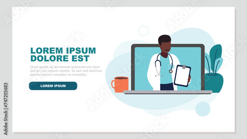 Vektor-Illustration eines männlichen Arztes mit einem Stethoskop der eine medizinische Aufzeichnung hält auf einem Laptop-Bildschirm - Gesundheit Konzept