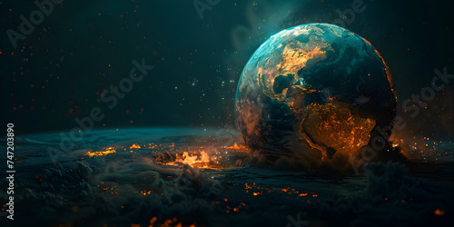 A planet with a fire and smoke on it, Earth. realistic planets of solar system. 