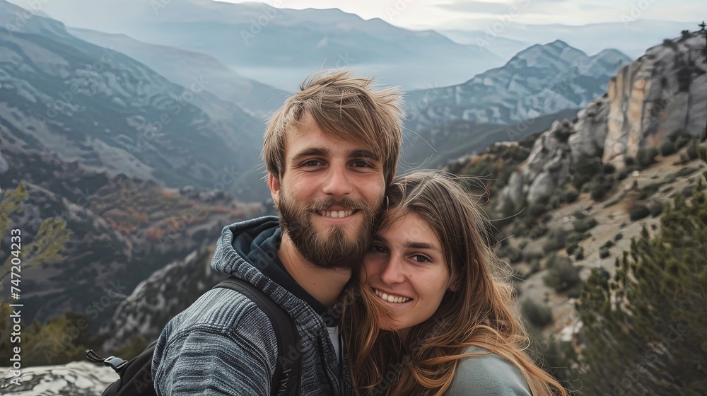 Man and woman on a mountain taking bright selfie Man and woman on a mountain taking bright selfie