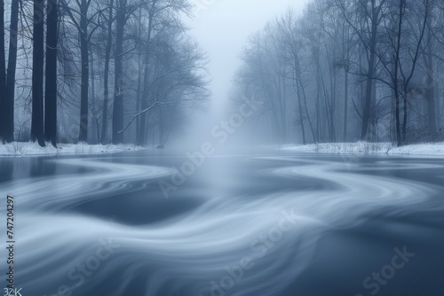 Winter River Flowing Through Snowy Forest © hakule