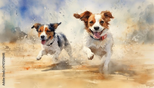 running dogs watercolor painting art