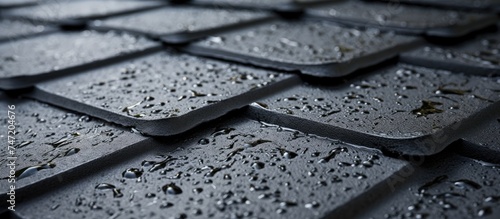 A close-up black and white shot of raindrops collected on a textured stone coated bituminous roof, showcasing the protective layer against moisture. photo
