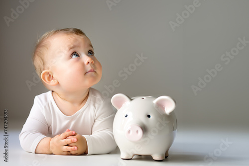 Thoughtful adorable infant baby  girl lying on the floor, looking up thoughtfully.  A piggy bank standing by. Concept of early investments planning