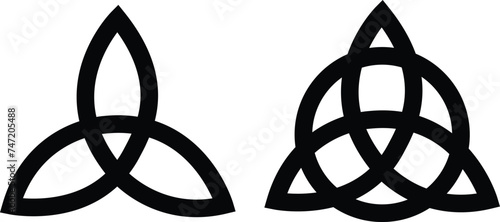 Triquetra sign icon set. Leaf like celtic simple symbol black line vector Trikvetr knot with circle Power of three viking tribal for tattoo flat style image isolated on transparent background photo