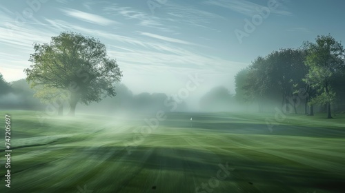 A tranquil foggy morning envelopes a lush golf course, with gentle sunlight peeking through the trees, enhancing the serene mood.