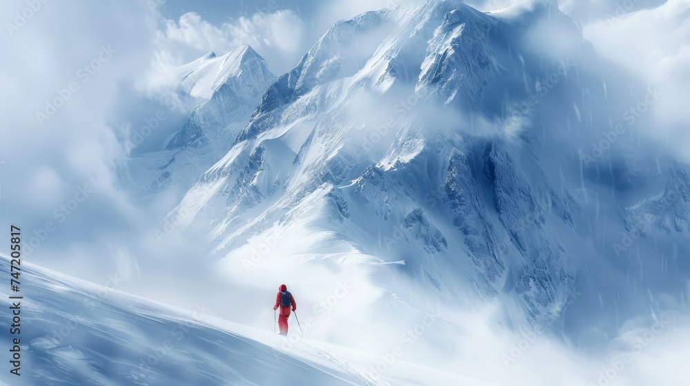 A lone climber in red against the breathtaking expanse of snow-covered mountains under a soft sky.