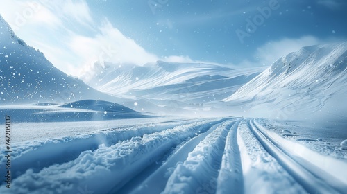 Fresh snowflake-filled air over a snowy road leading through a pristine mountainous landscape on a bright day.