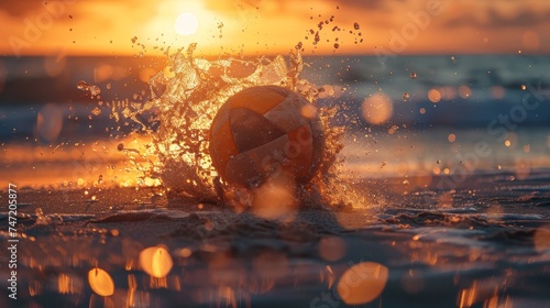 A volleyball creates a dramatic splash on a wet beach as the sun sets, reflecting golden light on the water droplets.