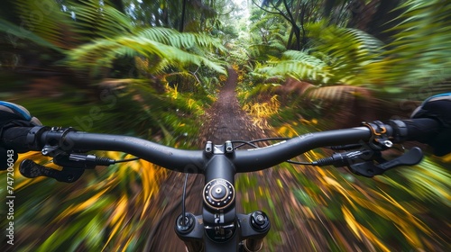 Experience the thrill of rapid mountain biking through a dense, verdant forest trail, captured from the rider's point of view. photo