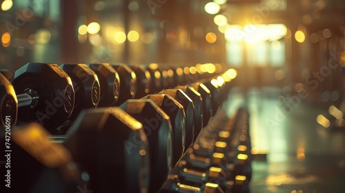 Row of hexagonal dumbbells on a rack in a gym, basked in the warm, golden glow of the setting sun filtering through the windows. photo
