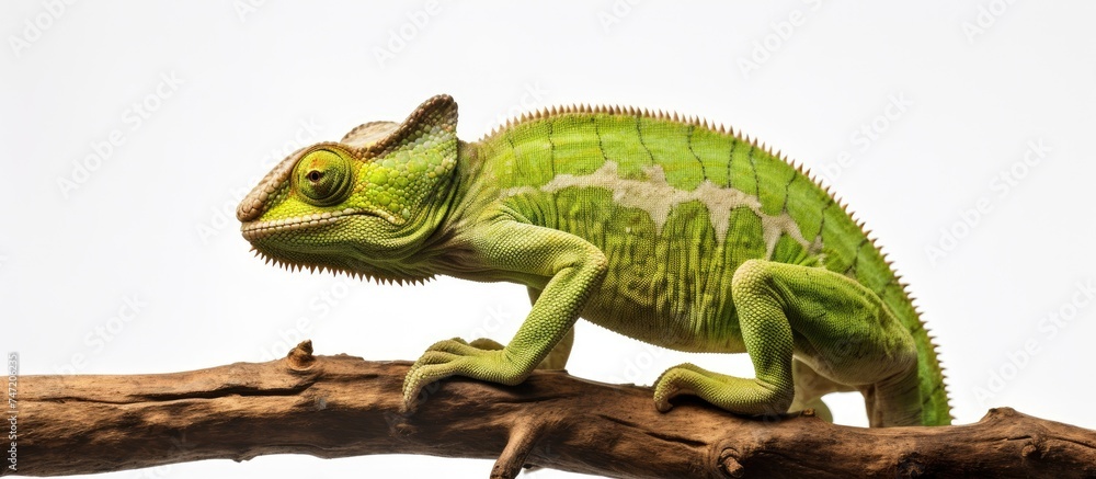A green Jacksons chameleon, Chamaeleo jacksonii merumontanus, is perched on a tree branch. The chameleon appears to be shedding its skin. This scene takes place against a white backdrop, possibly on A green Jacksons chameleon, Chamaeleo jacksonii merumontanus, is perched on a tree branch. The chameleon appears to be shedding its skin. This scene takes place against a white backdrop, possibly on