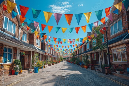 Vibrant Street Decorated With Flags and Potted Plants