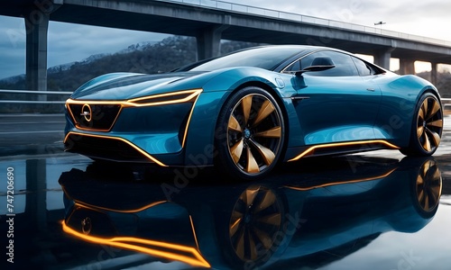 This turquoise electric coupe with its luminous detailing stands majestically against a twilight sky  reflecting the fiery hues of sunset on its glossy exterior. It represents a bridge between day and