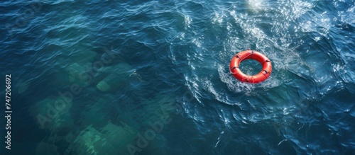 A red and white life preserver is seen floating in the vast expanse of the ocean, bobbing up and down with the waves.