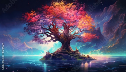 beautiful fantasy tree with neon light and colorful sky background illustration